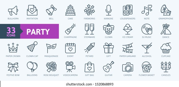 Party, celebration, anniversary elements - thin line web icon set. Outline icons collection. Simple vector illustration.