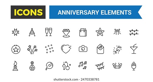 Party, celebration, anniversary icon set. Outline icons pack. Editable vector icon and illustration.