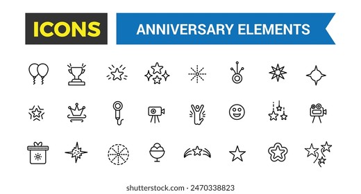 Party, celebration, anniversary icon set. Outline icons pack. Editable vector icon and illustration.