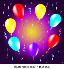 Party and celebration background with balloons, streamers, illustration bright colors. Vector illustration.
