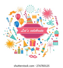 Party and celebration background with event design elements, vector illustration. Greeting card includes: balloons, cake, gift, fireworks, sparkler, cupcake, drinks, flags, streamers