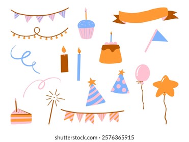 Party Celebration Balloon Cake Decoration. A cheerful collection of party-themed illustrations featuring cakes, balloons, garlands, candles, hats, and festive decorations for celebrations