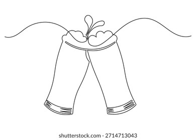Celebración de fiesta vasos de cerveza contorno continuo dibujo estilo simple