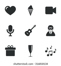 Party celebration, birthday icons. Carnival, guitar and champagne glass signs. Gift box, ice cream and love symbols. Flat icons on white. Vector