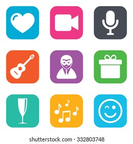 Party celebration, birthday icons. Carnival, guitar and champagne glass signs. Gift box, music and video camera symbols. Flat square buttons. Vector
