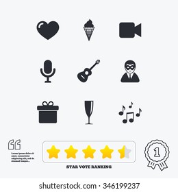 Party celebration, birthday icons. Carnival, guitar and champagne glass signs. Gift box, ice cream and love symbols. Star vote ranking. Award achievement and quotes.