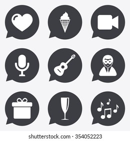 Party celebration, birthday icons. Carnival, guitar and champagne glass signs. Gift box, ice cream and love symbols. Flat icons in speech bubble pointers.