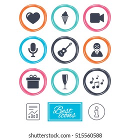 Party celebration, birthday icons. Carnival, guitar and champagne glass signs. Gift box, ice cream and love symbols. Report document, information. Vector