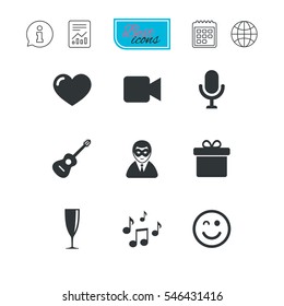 Party celebration, birthday icons. Carnival, guitar and champagne glass signs. Gift box, music and video camera symbols. Report document, calendar and information web icons. Vector