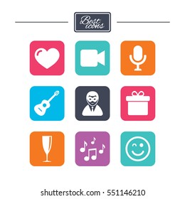 Party celebration, birthday icons. Carnival, guitar and champagne glass signs. Gift box, music and video camera symbols. Colorful flat square buttons with icons. Vector