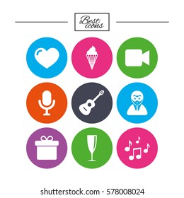 Party celebration, birthday icons. Carnival, guitar and champagne glass signs. Gift box, ice cream and love symbols. Classic simple flat icons. Vector