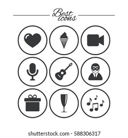 Party celebration, birthday icons. Carnival, guitar and champagne glass signs. Gift box, ice cream and love symbols. Classic simple flat icons. Vector