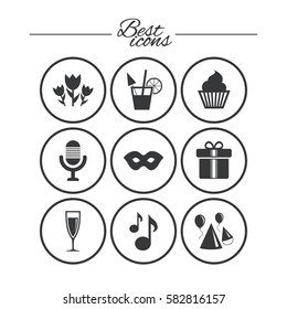 Party celebration, birthday icons. Cocktail, air balloon and champagne glass signs. Gift box, flowers and carnival symbols. Classic simple flat icons. Vector