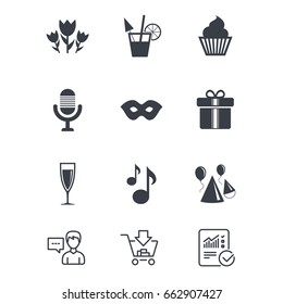 Party celebration, birthday icons. Cocktail, air balloon and champagne glass signs. Gift box, flowers and carnival symbols. Customer service, Shopping cart and Report line signs. Vector