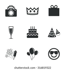Party celebration, birthday icons. Fireworks, air balloon and champagne glass signs. Gift box, cake and photo camera symbols. Flat icons on white. Vector