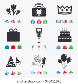 Party celebration, birthday icons. Fireworks, air balloon and champagne glass signs. Gift box, flowers and photo camera symbols. Flat black, red, blue and green icons.