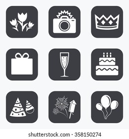 Party celebration, birthday icons. Fireworks, air balloon and champagne glass signs. Gift box, flowers and photo camera symbols. Flat square buttons with rounded corners.