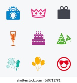 Party celebration, birthday icons. Fireworks, air balloon and champagne glass signs. Gift box, cake and photo camera symbols. Flat colored graphic icons.