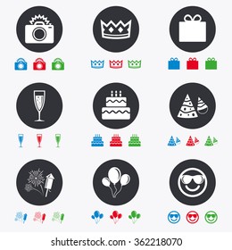 Party celebration, birthday icons. Fireworks, air balloon and champagne glass signs. Gift box, cake and photo camera symbols. Flat circle buttons with icons.