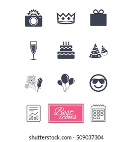 Party celebration, birthday icons. Fireworks, air balloon and champagne glass signs. Gift box, cake and photo camera symbols. Report document, calendar icons. Vector
