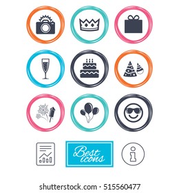 Party celebration, birthday icons. Fireworks, air balloon and champagne glass signs. Gift box, cake and photo camera symbols. Report document, information. Vector