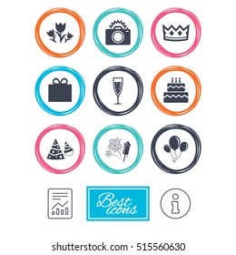 Party celebration, birthday icons. Fireworks, air balloon and champagne glass signs. Gift box, flowers and photo camera symbols. Report document, information. Vector