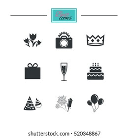 Party celebration, birthday icons. Fireworks, air balloon and champagne glass signs. Gift box, flowers and photo camera symbols. Black flat icons. Classic design. Vector