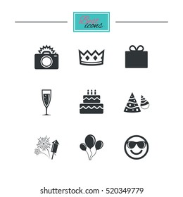 Party celebration, birthday icons. Fireworks, air balloon and champagne glass signs. Gift box, cake and photo camera symbols. Black flat icons. Classic design. Vector