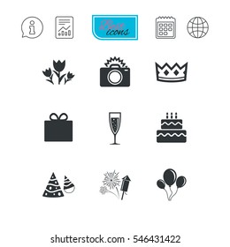 Party celebration, birthday icons. Fireworks, air balloon and champagne glass signs. Gift box, flowers and photo camera symbols. Report document, calendar and information web icons. Vector