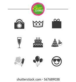 Party celebration, birthday icons. Fireworks, air balloon and champagne glass signs. Gift box, cake and photo camera symbols. Classic simple flat icons. Vector