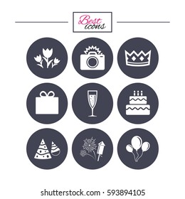 Party celebration, birthday icons. Fireworks, air balloon and champagne glass signs. Gift box, flowers and photo camera symbols. Classic simple flat icons. Vector