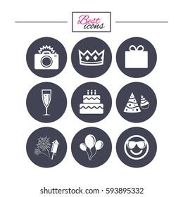 Party celebration, birthday icons. Fireworks, air balloon and champagne glass signs. Gift box, cake and photo camera symbols. Classic simple flat icons. Vector