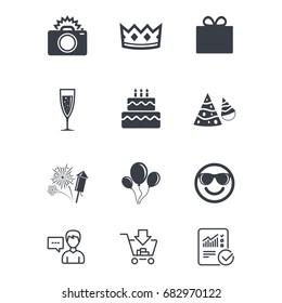 Party celebration, birthday icons. Fireworks, air balloon and champagne glass signs. Gift box, cake and photo camera symbols. Customer service, Shopping cart and Report line signs. Vector