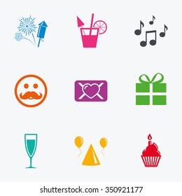 Party celebration, birthday icons. Musical notes, air balloon and champagne glass signs. Gift box, fireworks and cocktail symbols. Flat colored graphic icons.
