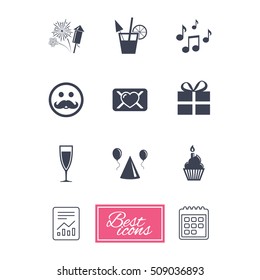 Party celebration, birthday icons. Musical notes, air balloon and champagne glass signs. Gift box, fireworks and cocktail symbols. Report document, calendar icons. Vector