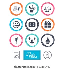 Party celebration, birthday icons. Musical notes, air balloon and champagne glass signs. Gift box, fireworks and cocktail symbols. Report document, information icons. Vector