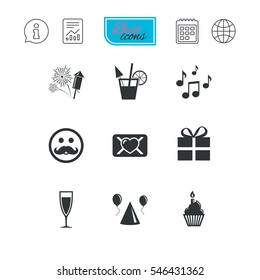 Party celebration, birthday icons. Musical notes, air balloon and champagne glass signs. Gift box, fireworks and cocktail symbols. Report document, calendar and information web icons. Vector