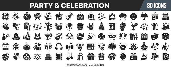 Coleção de ícones pretos festa e celebração. Ícone de IU grande definido em um design plano. Ilustração vetorial EPS10