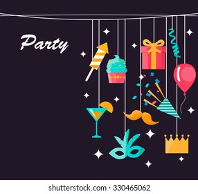 Party, celebration and carnival greeting card decorated with colorful icons hanging on dark background, vector illustration