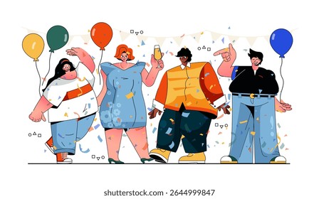 Party celebration concept for modern web design. People celebrate holiday at festive event, dancing and giving gifts, drinking and cheering. Flat vector illustration isolated on white background.