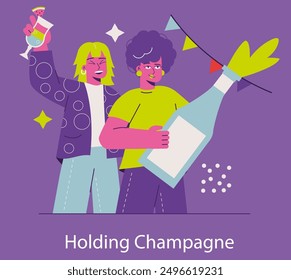 Concepto de celebración de fiesta. Dos personas alegres con un cóctel y una Grande botella de champán. Sentimiento festivo, brindis de amigos y disfrute. Ilustración vectorial.