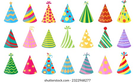 Party celebration cone hat collection. Set of party cone caps