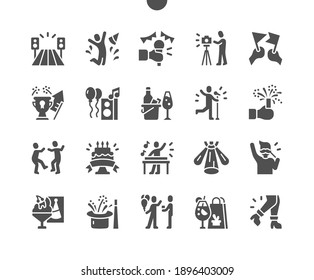 Party And Celebration. Dance Floor, Music, Sing And Dancing. Congratulations, Cocktail And Gift. Success Celebration. Festive Cake, Dessert And Champagne. Vector Solid Icons. Simple Pictogram