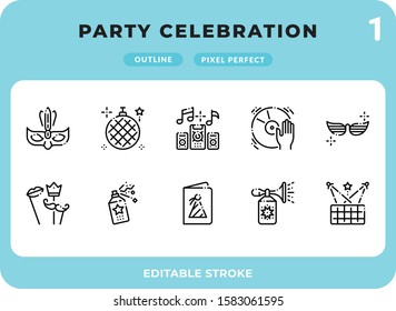 Party Celebration Dashed Outline Icons Pack for UI. Editable Stroke. Pixel perfect thin line vector icon set for web design and website application.