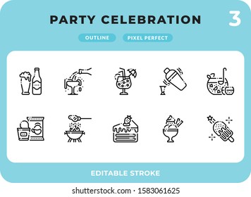 Party Celebration Dashed Outline Icons Pack for UI. Editable Stroke. Pixel perfect thin line vector icon set for web design and website application.