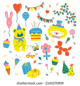 Party and celebration design elements collection. Display icons setand Festive activity. Birthday and anniversary objects. With cakes,Funny, petards, gifts, Box, flags,glasses, on a white background