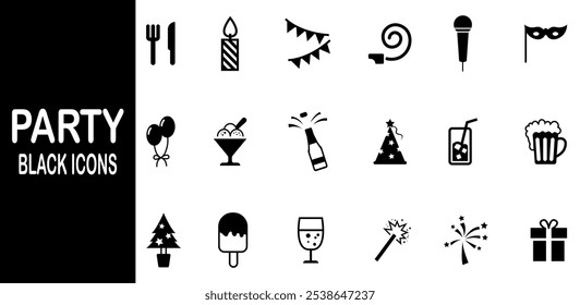 Party and celebration design elements collection. Festive event and show black icons set.