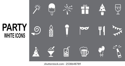 Party and celebration design elements collection. Festive event and show white icons set. flat sign.