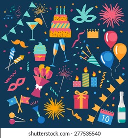 Party And Celebration Design Elements collection. Festive Event and Show icons set. Birthday And Anniversary objects. With cake, carnival masks, petards, fireworks, gifts, drinks, flags, streamers