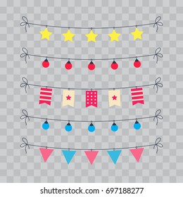 Party And Celebration Design Elements collection. Festive Event and Show icons set. Birthday objects. With carnival masks, petards, fireworks, flags, streamers. Isolated on transparent checkered